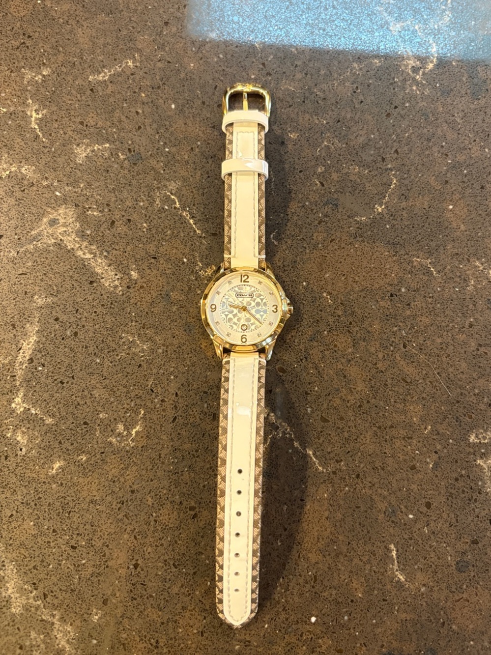 Coach Gold-Tone Watch with White and Brown Signature Strap